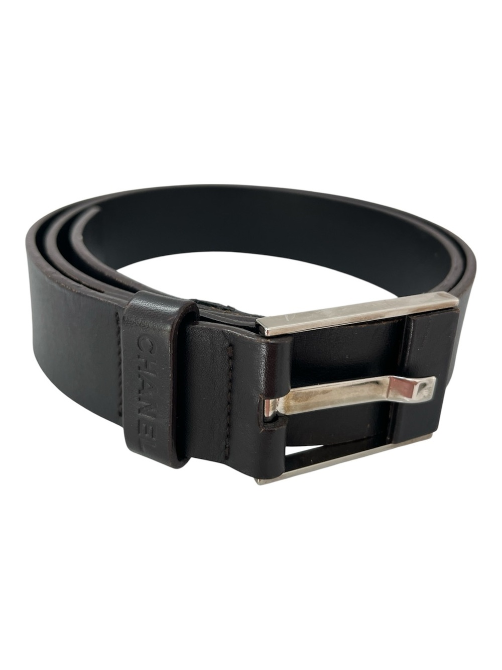 CHANEL Vintage Dark Brown Leather Belt Size 36/90 Silver Buckle Made in Italy